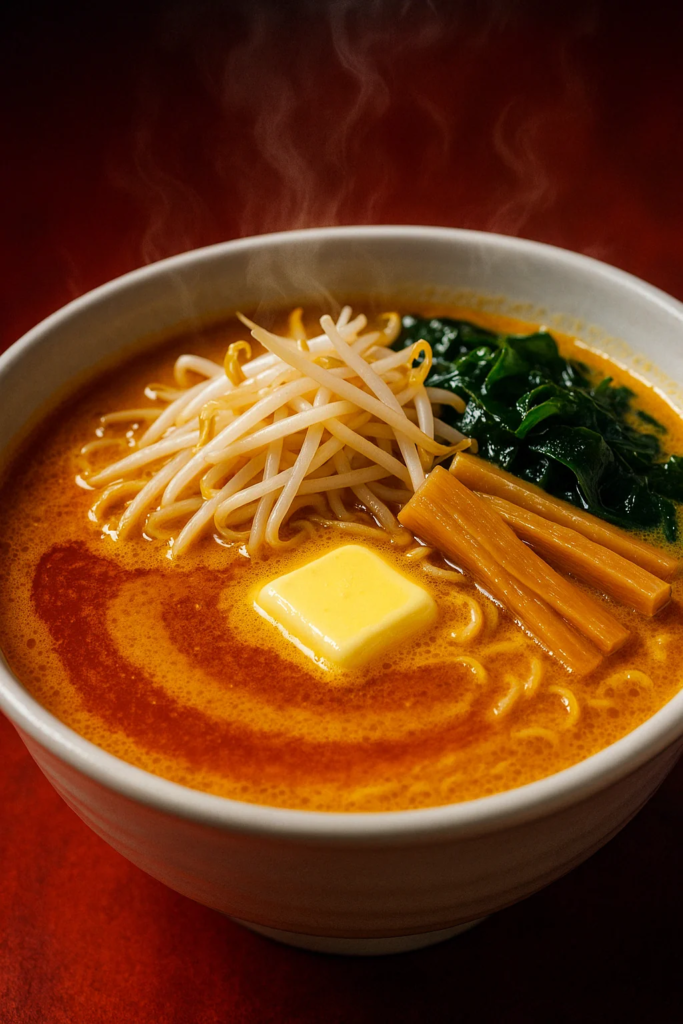 青森名物・味噌カレー牛乳ラーメンの鮮やかな一皿