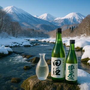 雪景色と日本酒