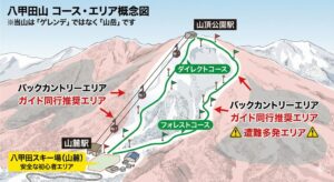 【コースマップ】 ポールで表示された「正規コース」以外はすべて自然の雪山（バックカントリー）です。コース外へ出る際は必ずガイドツアーに参加してください。