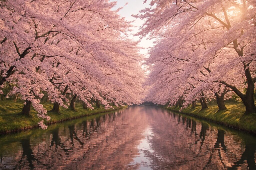弘前公園 西濠の桜のトンネルと水鏡