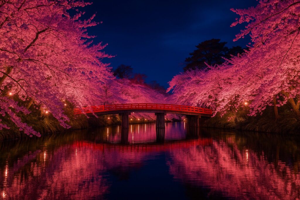 弘前公園の夜桜ライトアップと赤い橋