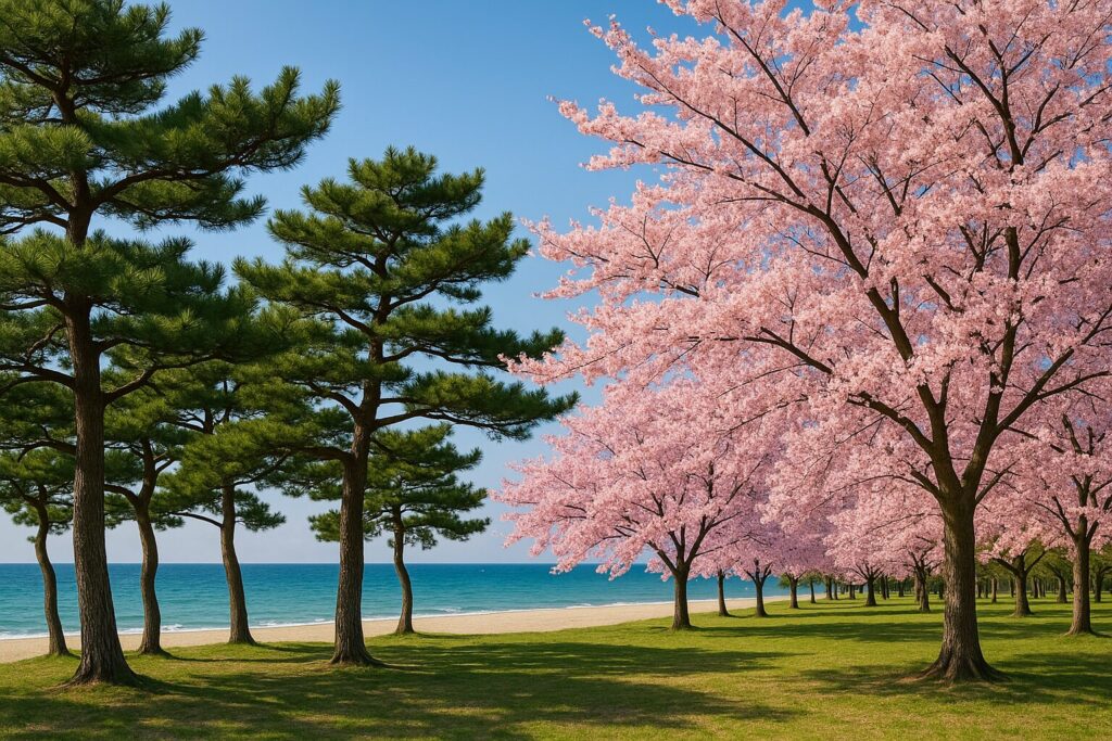 合浦公園の桜と松林 海が見える花見スポット