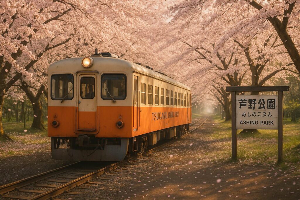 芦野公園の桜のトンネルを走る津軽鉄道 走れメロス号