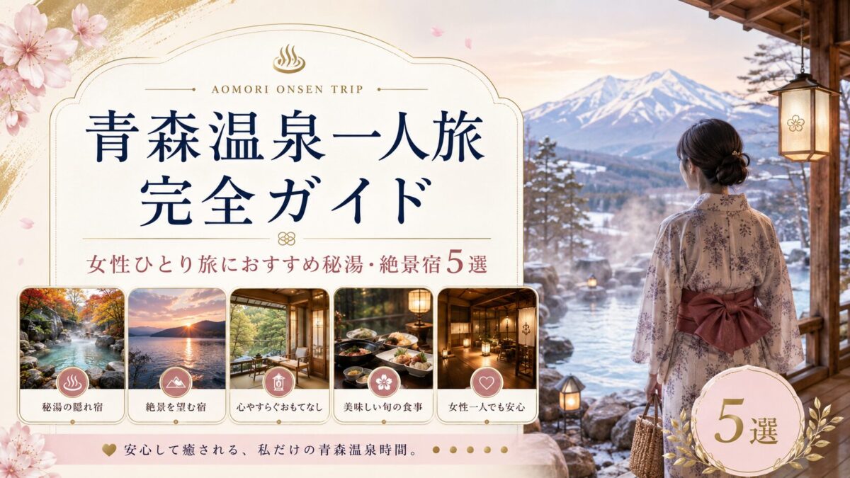 青森の紅葉と山々が美しい露天風呂の風景。湯気立つ温泉と和風建築が魅力で、一人旅に最適な癒しの空間を表現しています。青森温泉一人旅の完全ガイドにふさわしい一枚。