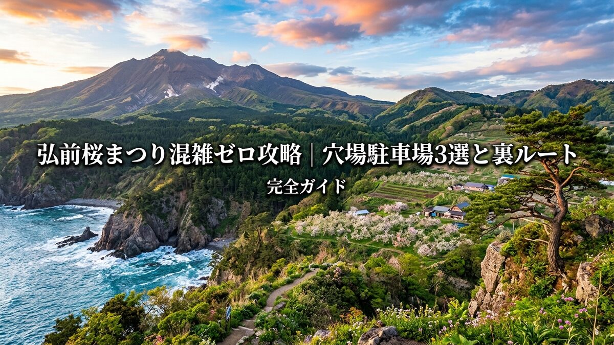 弘前桜まつりの時期、海岸線と山々を望む壮大な自然の中に咲き誇る桜の絶景。混雑を避けて桜を満喫できる穴場や裏ルートを思わせる、海と山のコントラストが美しい風景。