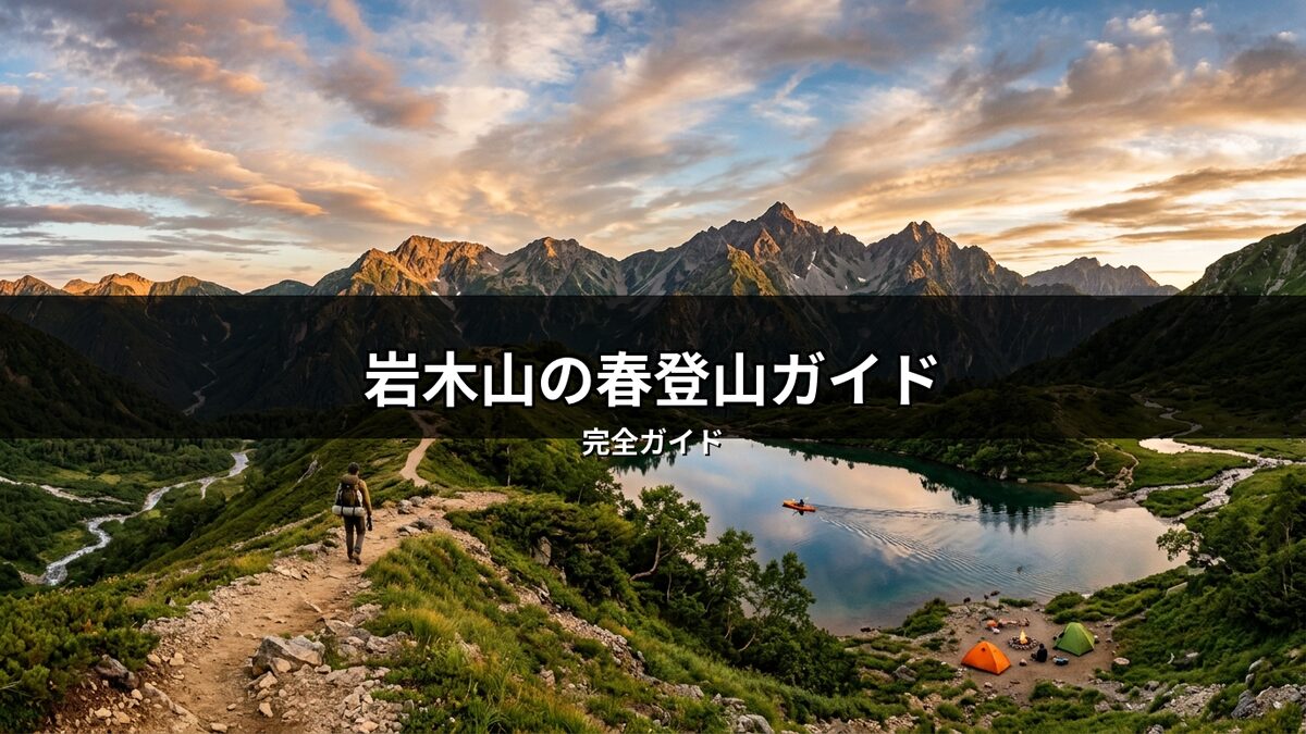 岩木山での春登山をイメージさせる、雄大な山と湖の絶景。登山道を進むハイカー、カヤックを楽しむ人、湖畔でキャンプするテントや焚き火が描かれ、春の豊かな自然とアクティビティが伝わる。