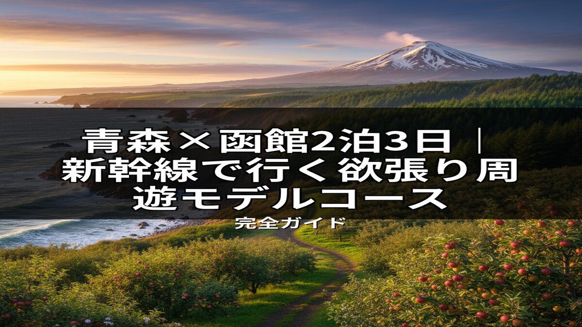 青森と函館の2泊3日新幹線周遊コースをイメージさせる画像。雪山と海岸の雄大な景色、そして青森の象徴である豊かなリンゴ畑が、充実した旅の魅力を伝えます。