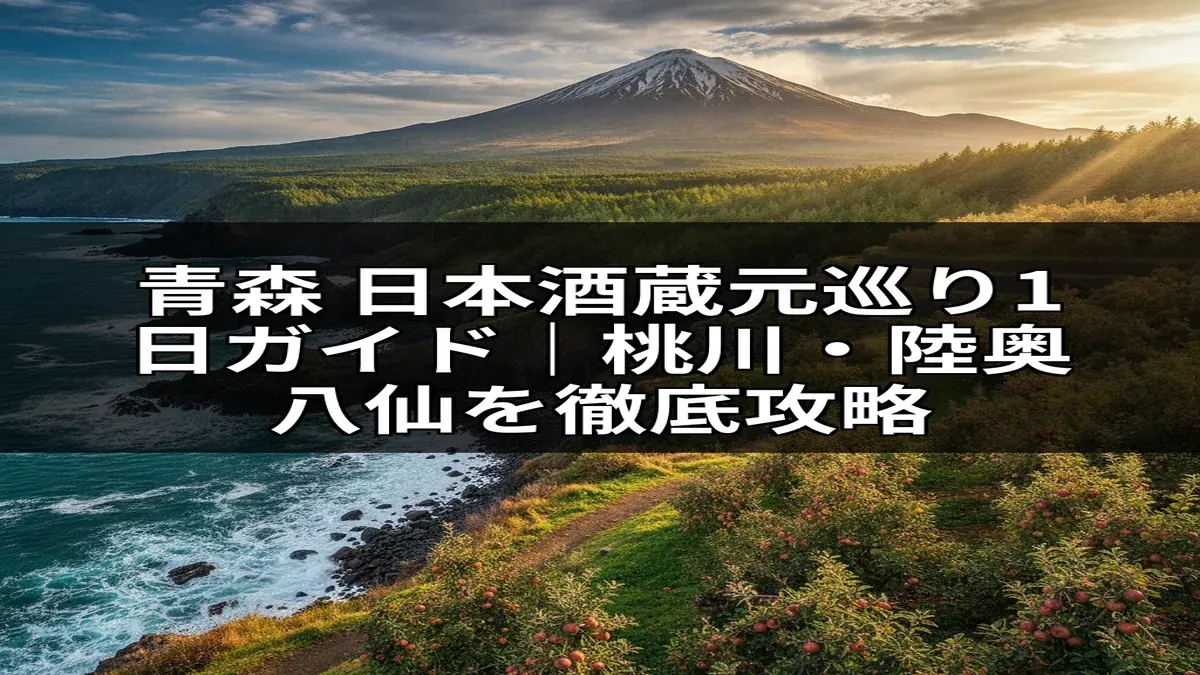 青森県での日本酒蔵元巡り1日ガイドをイメージさせる画像。桃川や陸奥八仙といった銘酒を生み出す青森の豊かな自然を背景に、日本酒の旅を徹底攻略する魅力を伝えます。