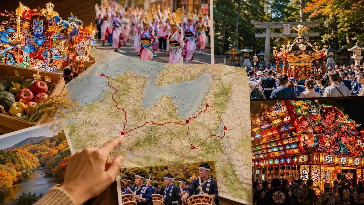 青森の秋祭り巡りのモデルコースを地図と祭りの写真で示す構成