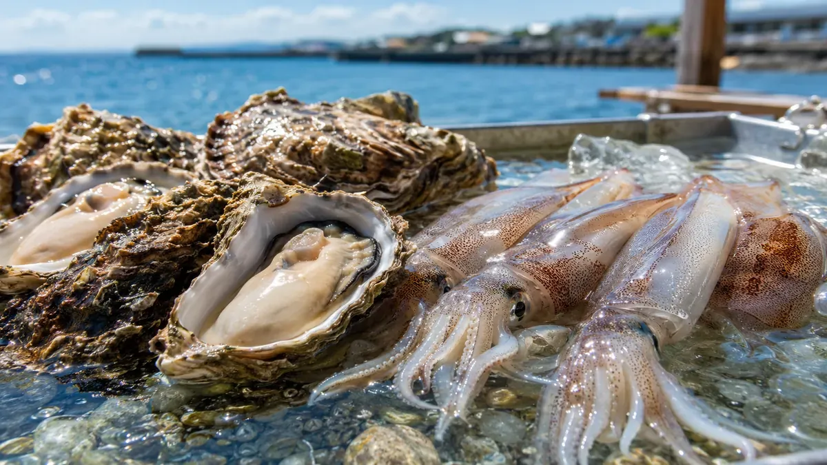 青森の夏に旬を迎える、新鮮でみずみずしい岩ガキとスルメイカのクローズアップ