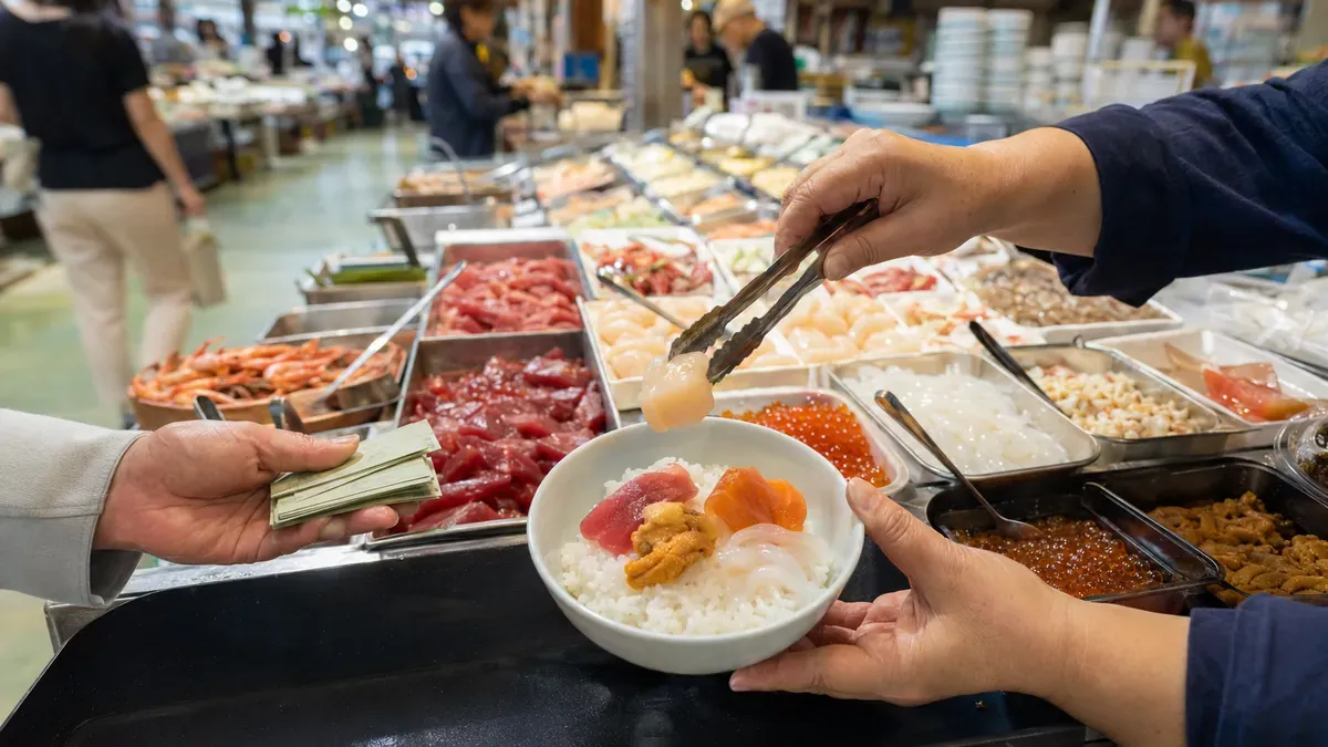 夏の青森魚菜センターの市場で氷の上に並べられたツヤツヤのホタテやいくら、大間まぐろ