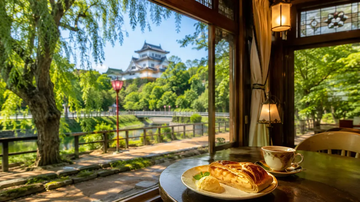 夏の青森県、弘前公園の緑豊かな景色と、大正浪漫喫茶室でアップルパイを楽しむ様子