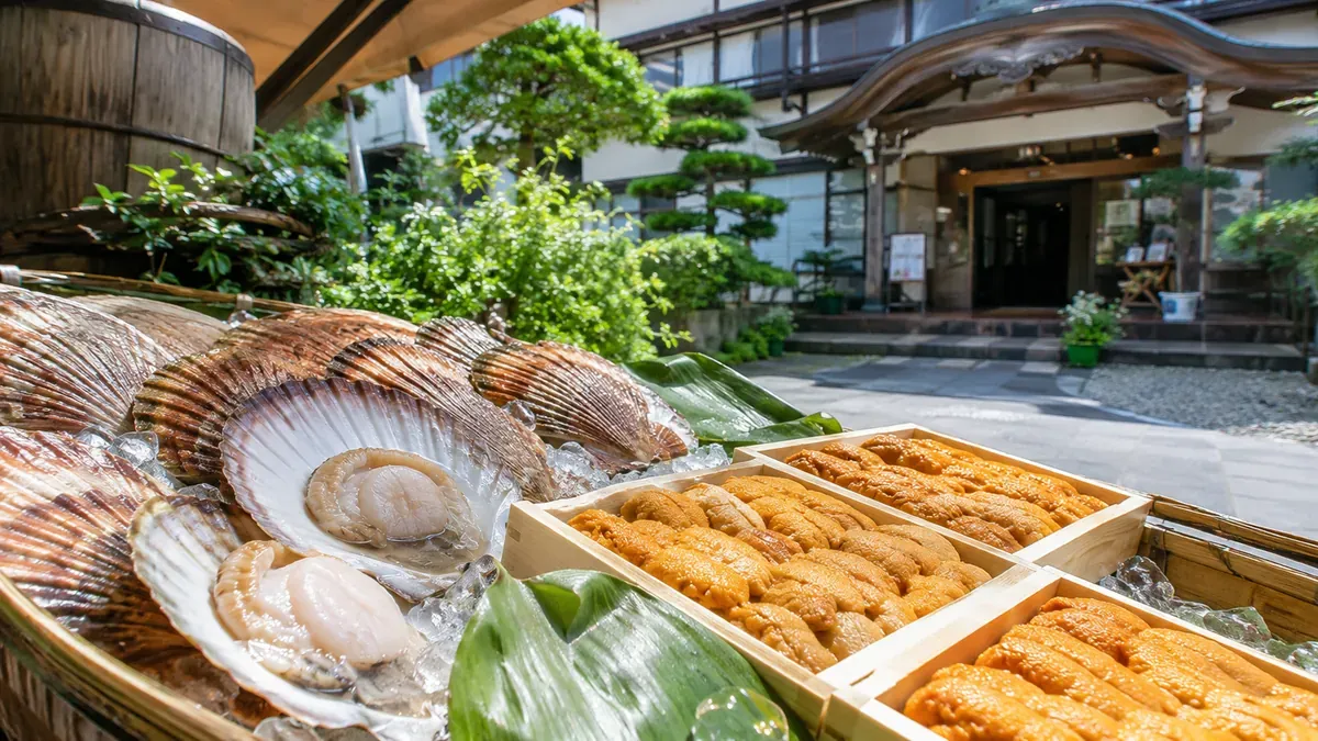 青森県浅虫温泉街の海鮮料理店の店頭に並ぶ新鮮なホタテやウニ