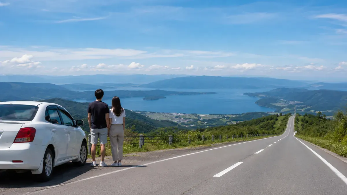 青森県の広大な地図上に、自然風景や観光スポットのミニチュアが配置された旅行プランを表す俯瞰図。