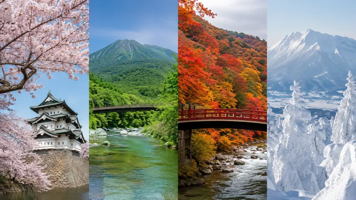 青森県の四季を象徴する、春の桜、夏の新緑、秋の紅葉、冬の雪景色が描かれたパネル。