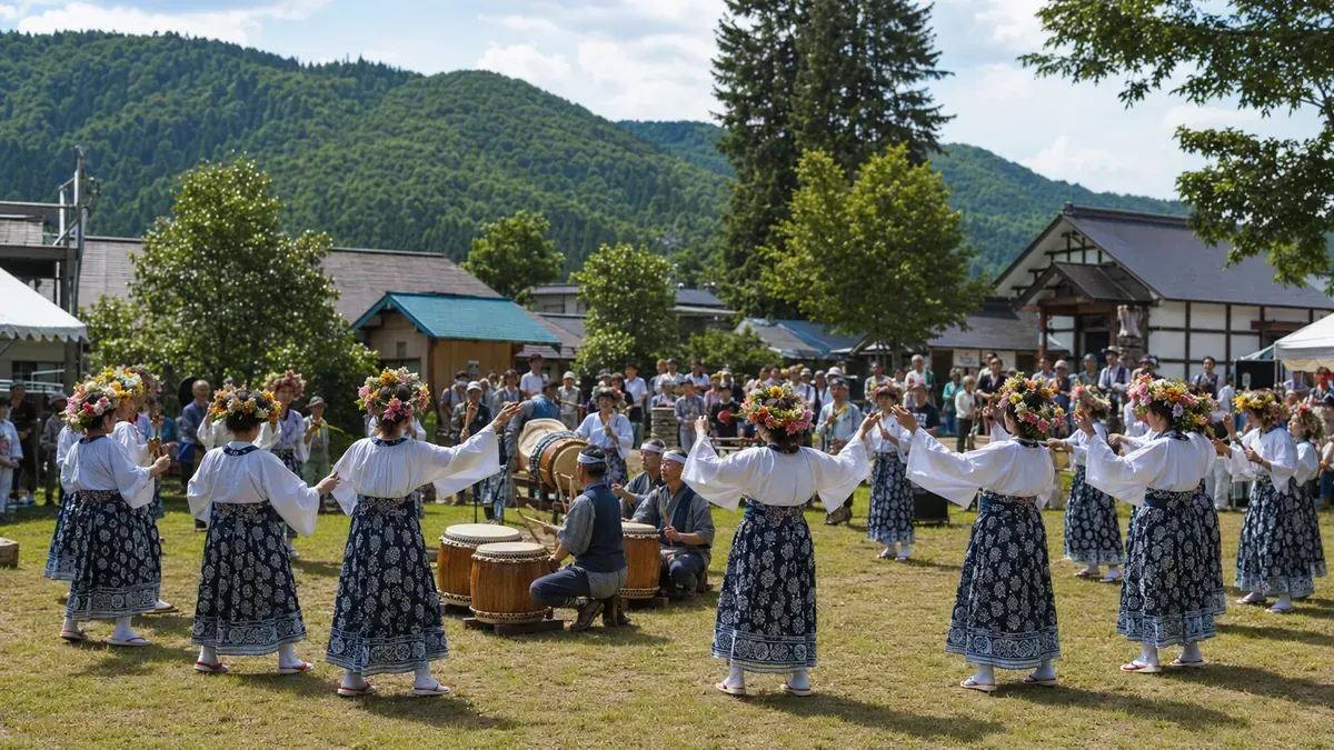 青森県新郷村、キリスト祭でのナニャドヤラ演舞、夏の地域祭り