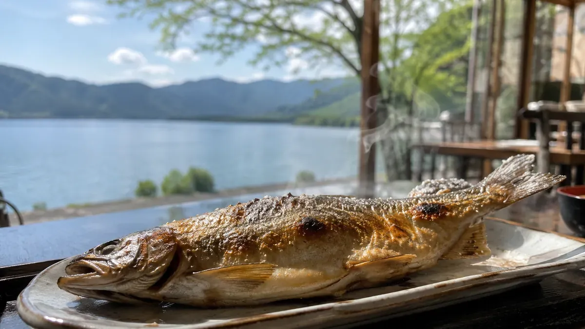青森県十和田湖の名物ヒメマスの塩焼きが盛り付けられた料理
