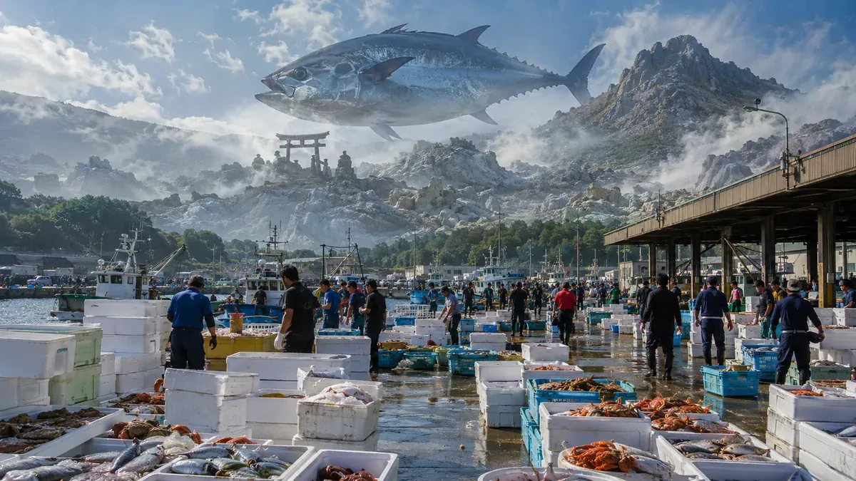 青森県八戸港で水揚げされた新鮮な魚介類と、その上空に大間マグロと恐山の荒々しい風景が重なる様子。
