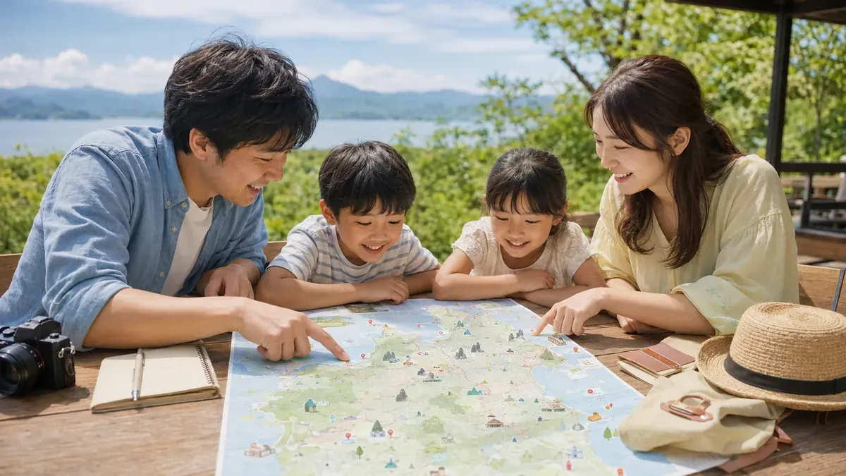 夏に青森の地図を広げ、家族が笑顔で2泊3日間の子連れ旅行モデルコースを計画する様子