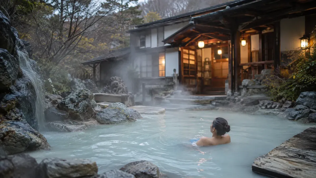 岩木山麓の嶽温泉郷、白濁した硫黄泉の露天風呂、青森県。