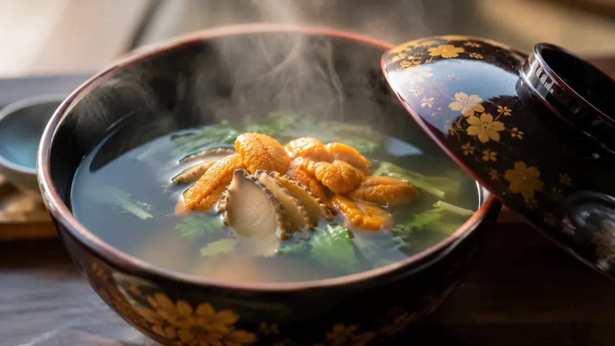 青森県の郷土料理「いちご煮」が美しく盛り付けられた椀、青森県
