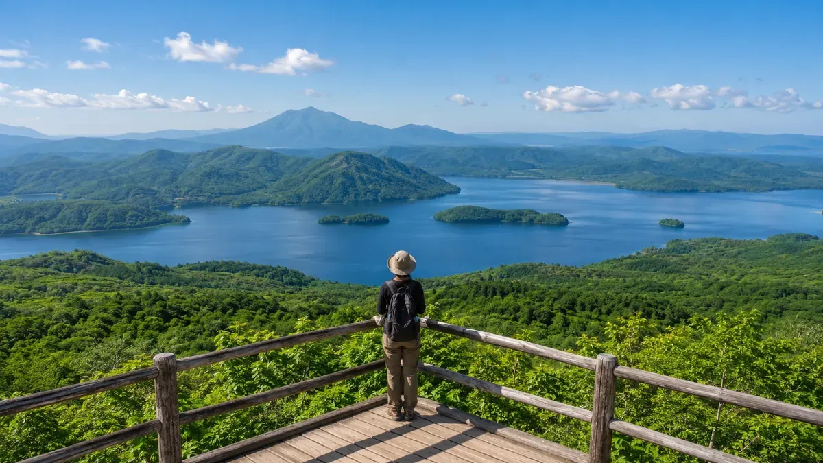 夏、青森の広大な自然の中で、山々や湖を見渡す人物の後ろ姿