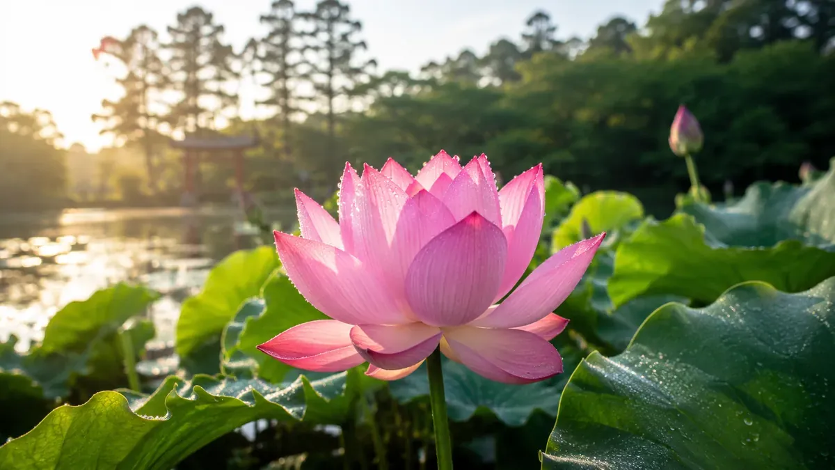 青森県の猿賀神社鏡ヶ池の蓮の花びらについた朝露が、午前中の光を反射する様子