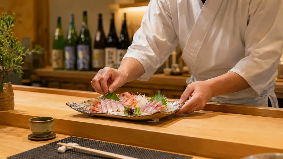 青森県八戸市の「魚食家 きんき」で職人が高級魚吉次の刺身を盛り付ける様子。