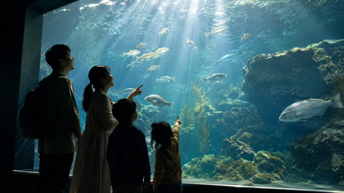 青森県浅虫水族館の薄暗い水槽の前で、海の生き物を鑑賞する親子の後ろ姿