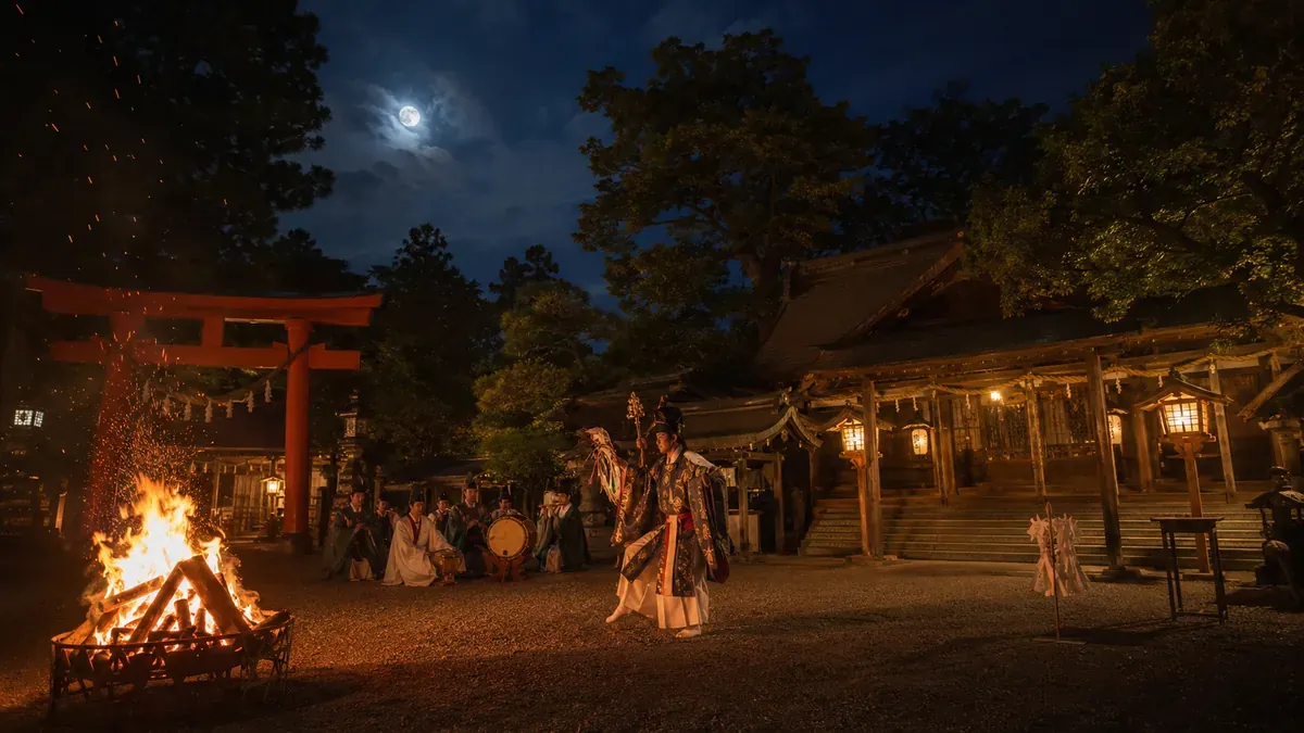 青森県の猿賀神社十五夜大祭、篝火が揺れる中で津軽神楽が奉納される夜の情景