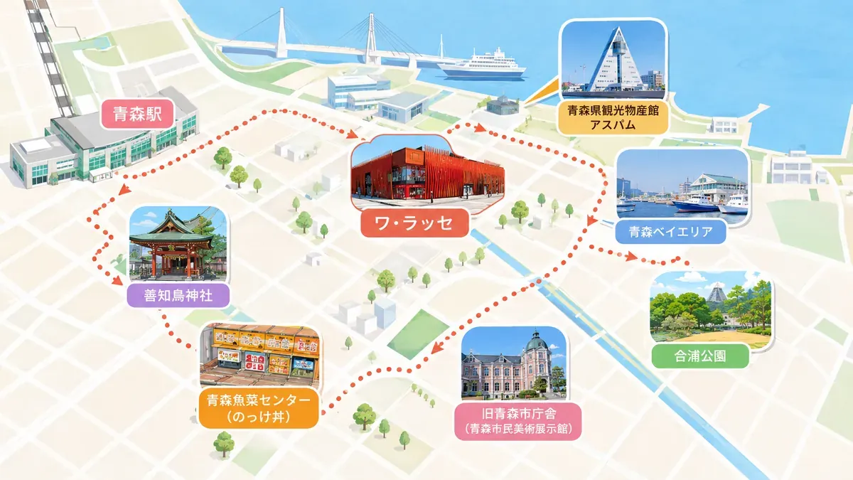 青森駅から徒歩で巡るワ・ラッセ周辺の効率的な周遊モデルコース図