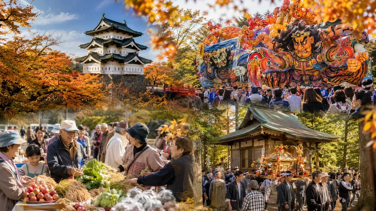 青森の秋祭りの多様な魅力を伝える弘前城、十和田市の山車、収穫祭のコラージュ