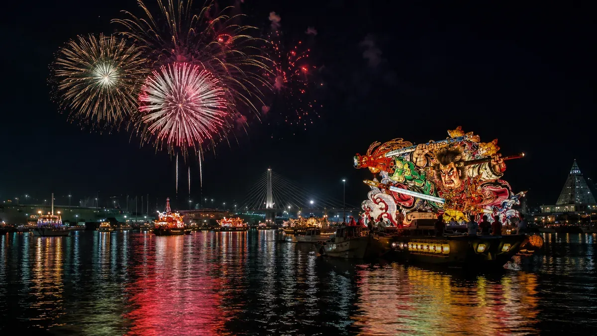 夏の青森ベイエリアで、ねぶたの海上運行と打ち上げ花火が同時に行われる夜景