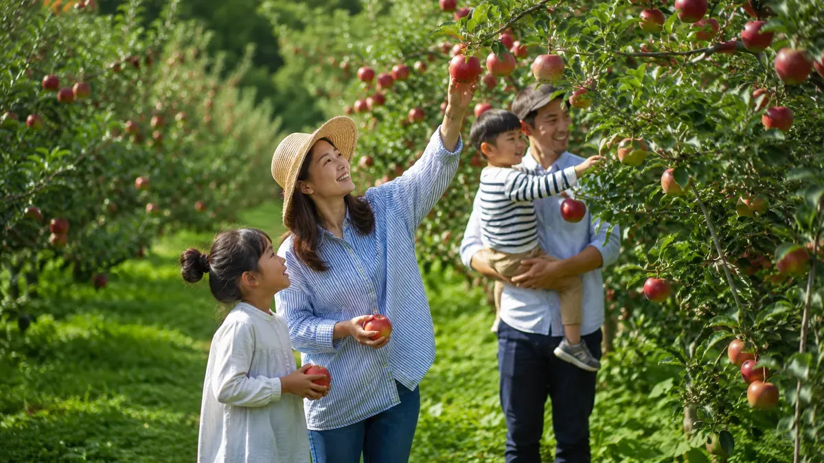夏の青森のりんご畑でりんご狩りを楽しむ家族