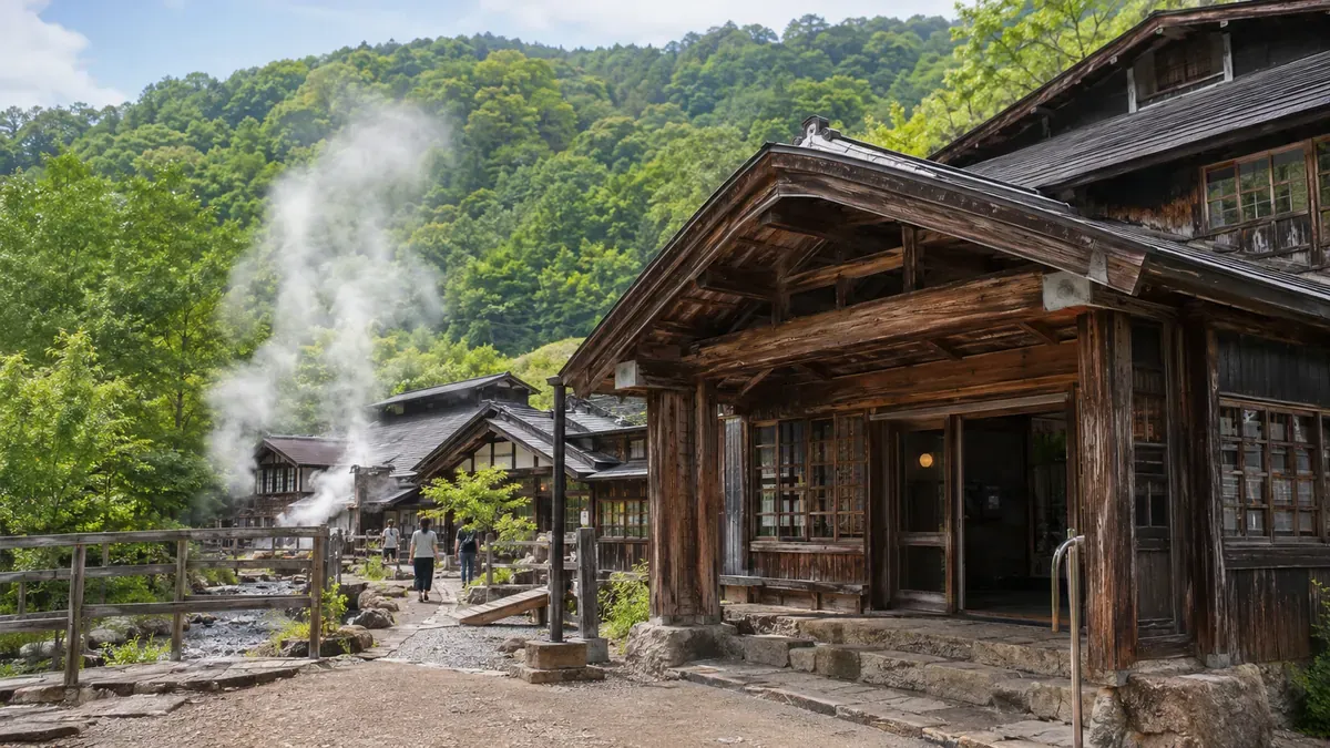 夏の八甲田山を背景にした、歴史ある青森の酸ヶ湯温泉旅館の入口