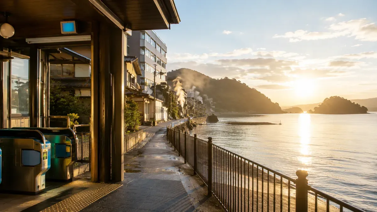 青い森鉄道浅虫温泉駅前の、海沿いに広がる温泉宿の風景、青森県