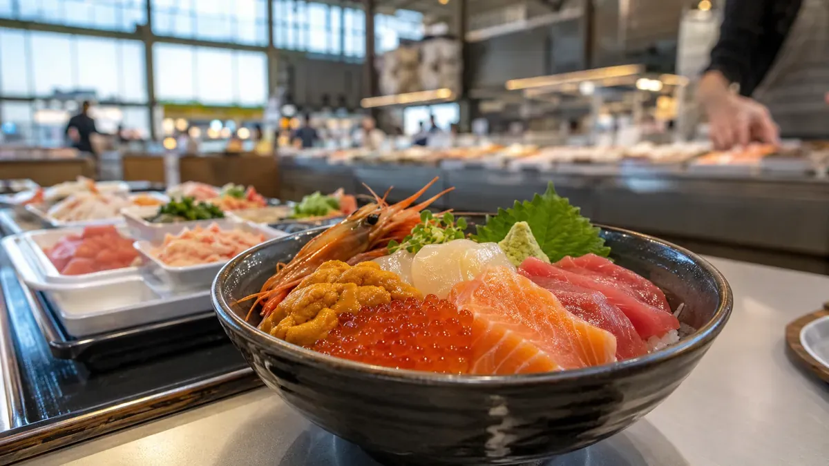 青森の八食センター市場棟で、活気ある雰囲気の中、新鮮な海産物を購入する人々