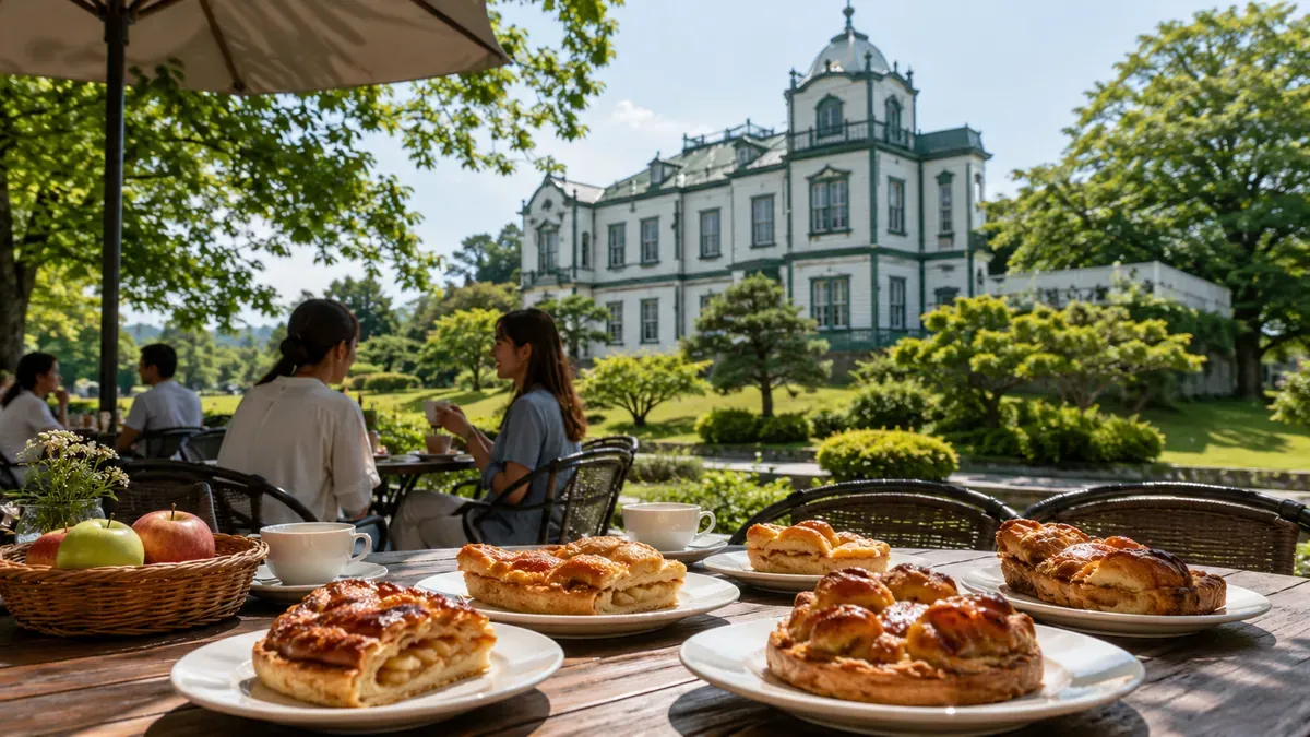 夏の日差しが降り注ぐ弘前公園周辺のカフェテラスで、数種類のアップルパイを楽しむ様子。