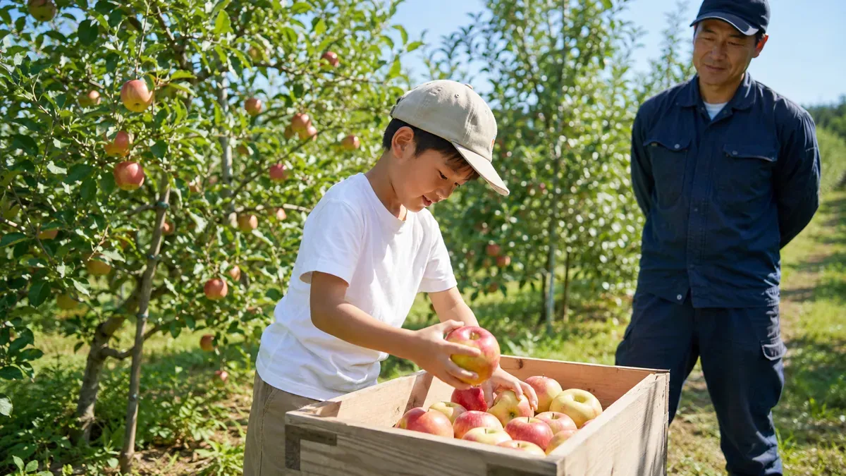夏に青森の観光農園で、小学生の子供が収穫したりんごを丁寧に箱に詰める体験の様子