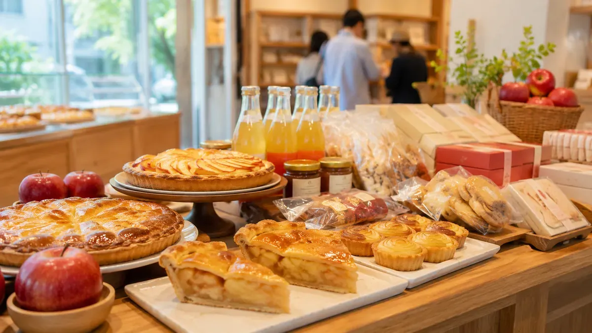 青森駅近くのカフェで、多様なアップルパイやタルトタタンが並ぶショーケースの画像。