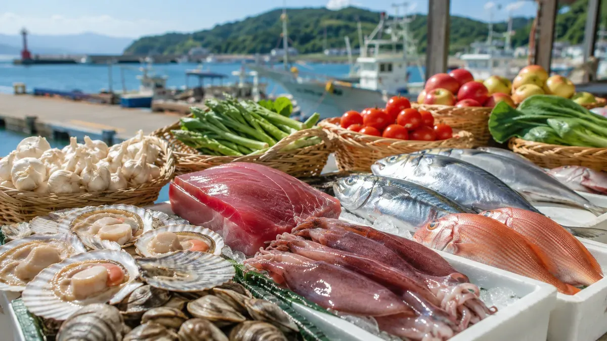 早朝の青森古川市場で、マグロとホタテが並ぶ鮮魚店の活気ある様子