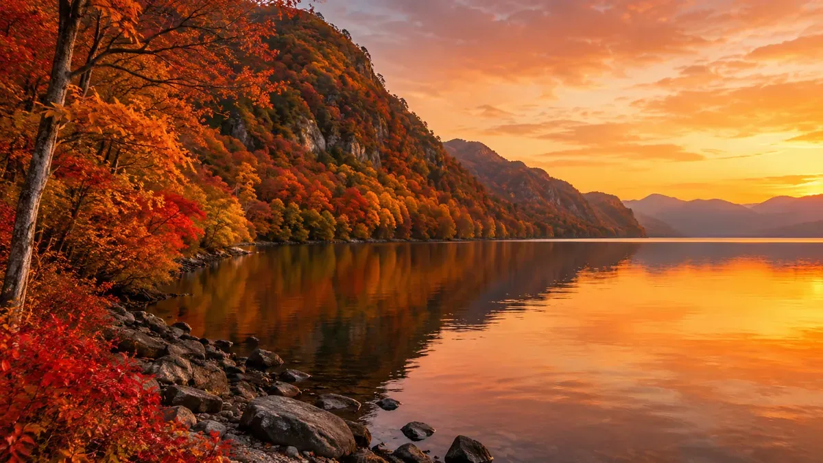 秋の青森県十和田湖畔を鮮やかに彩る紅葉と湖面に映る景色