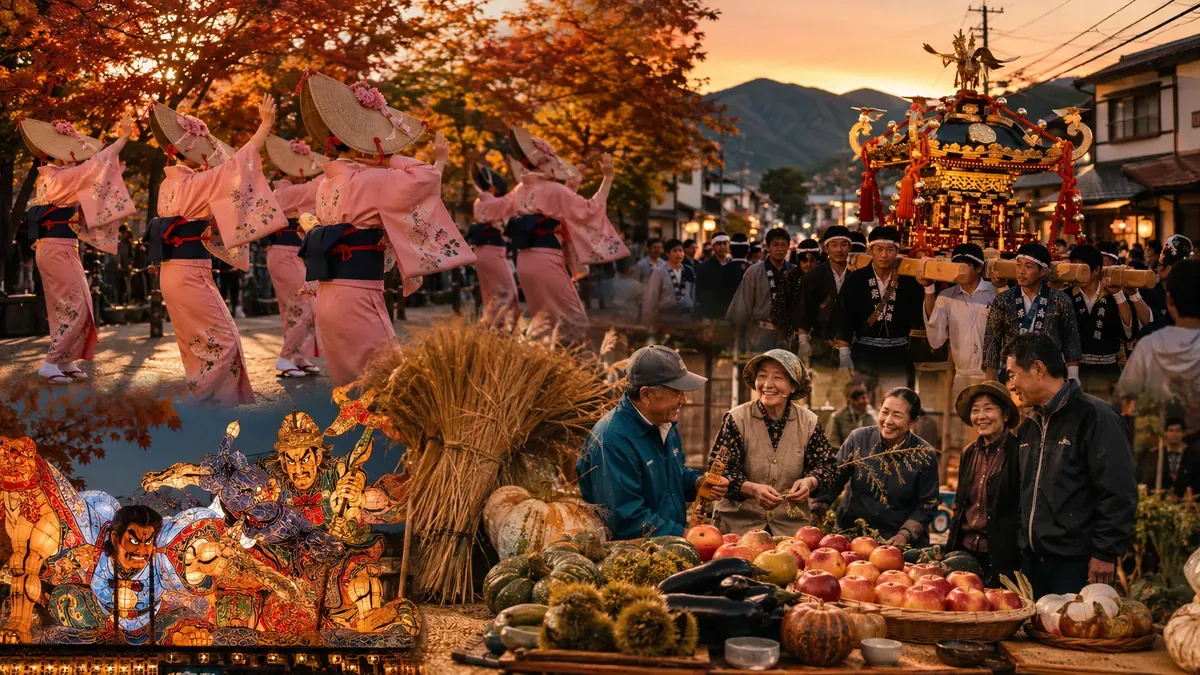 青森のディープな秋祭りの魅力を伝える伝統的な流し踊りや収穫祭の風景